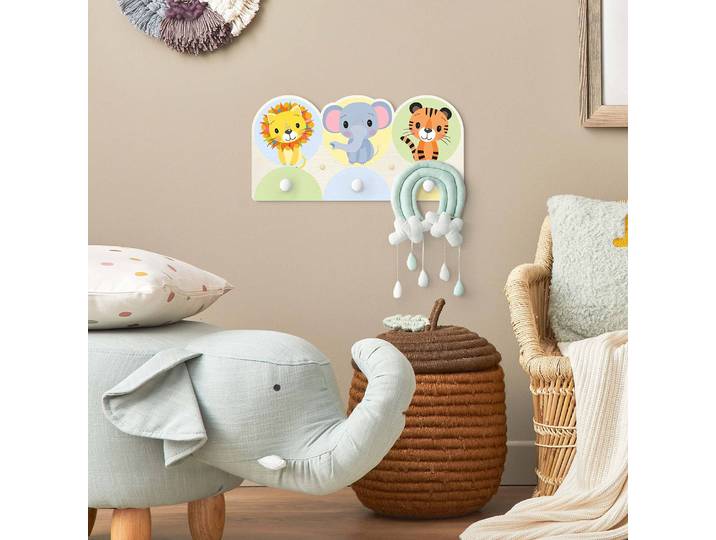 Patère enfants Lion, éléphant et tigre 40 x 20 x 1cm Multicolore