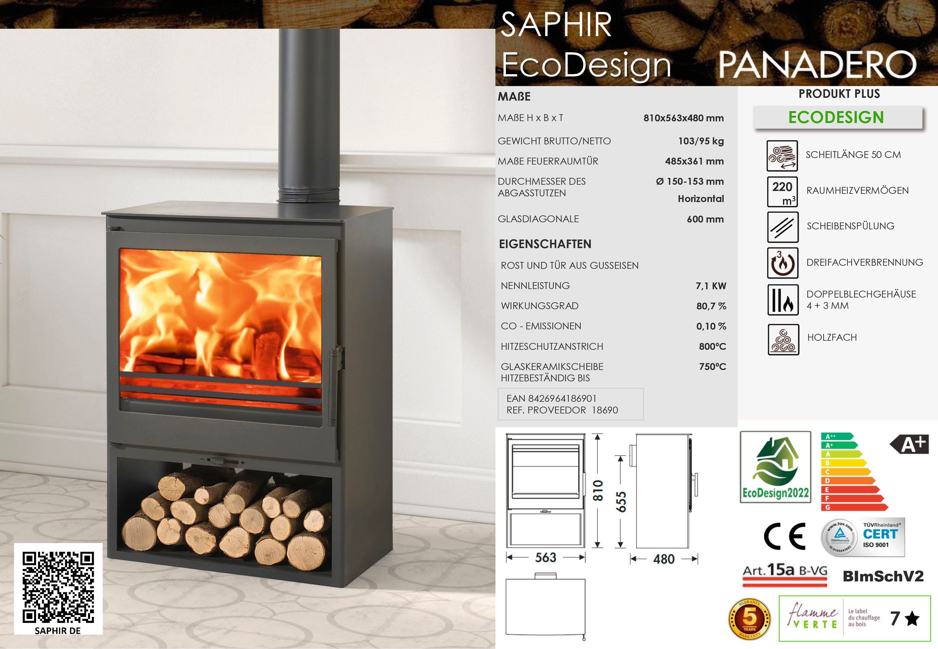 Kaminofen PANADERO "Saphir Ecodesign", schwarz, Kaminöfen