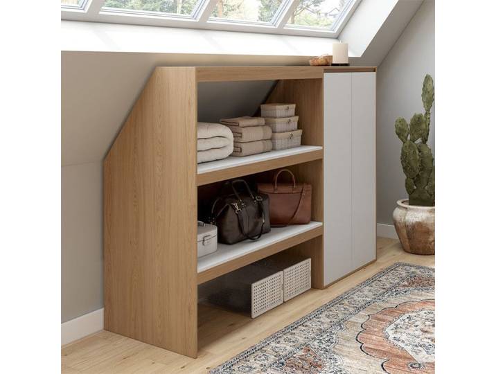 Ensemble étagère 2 niveaux + armoire 2 portes sous pente TOMI hêtre et blanc