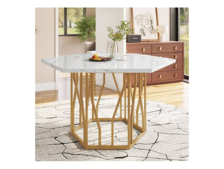 IDEASY Esstisch Sechseckiger Marmor-Esstisch mit goldenem Metallgestell, Schlichter Couchtisch für Ess- & Wohnzimmer