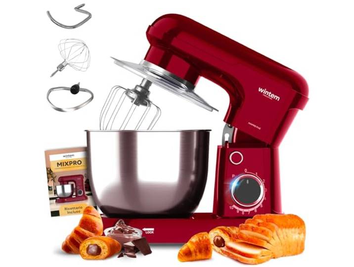 Avilia Planetäre Knetmaschine mit Schüssel aus Stahl, 5 l, rot, 15.000 W und 10 einstellbare Geschwindigkeitsstufen, leise und Schutzklasse II, inklusive Haken für Teig, Schläger und Schneebesen