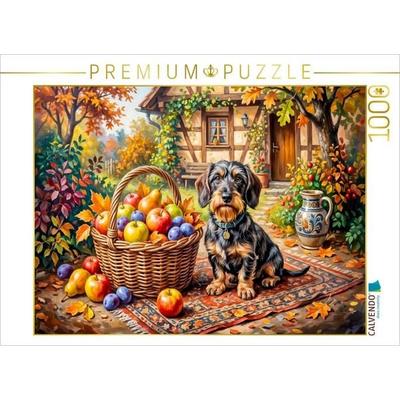 CALVENDO Puzzle Dackel mit Früchtekorb vor herbstlichem Bauernhaus Puzzle | 1000 Teile Lege-Größe 64x48cm Foto-Puzzle für glückliche Stunden, von ,