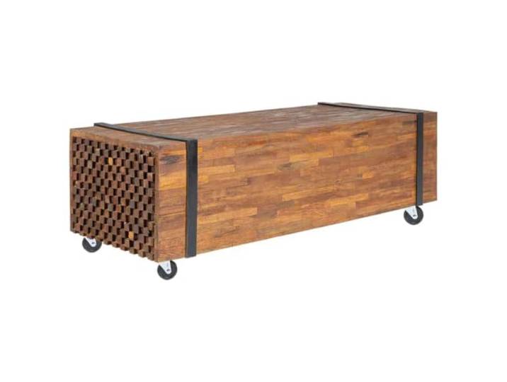 Couchtisch 110x45x38 cm aus Teak Massivholz mit Rollen, industrieller Teak Massivholz, 4 Rollen, pflegeleichte Oberfläche, einzigartige Maserung, vielseitig nutzbar