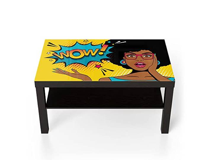 DEQORI Glastisch schwarz groß 90x50 cm Motiv Comic-Frau erstaunt: WOW ausgefallener Beistelltisch aus Glas Hochglanz Couchtisch fürs Wohnzimmer moderner Couch Tisch mit Design