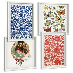 BILDER SET 4er Set - 50x50 cm & 40x60 cm Weißer Rahmen - Vintage-Blumen-Schmetterlings-Ornamente