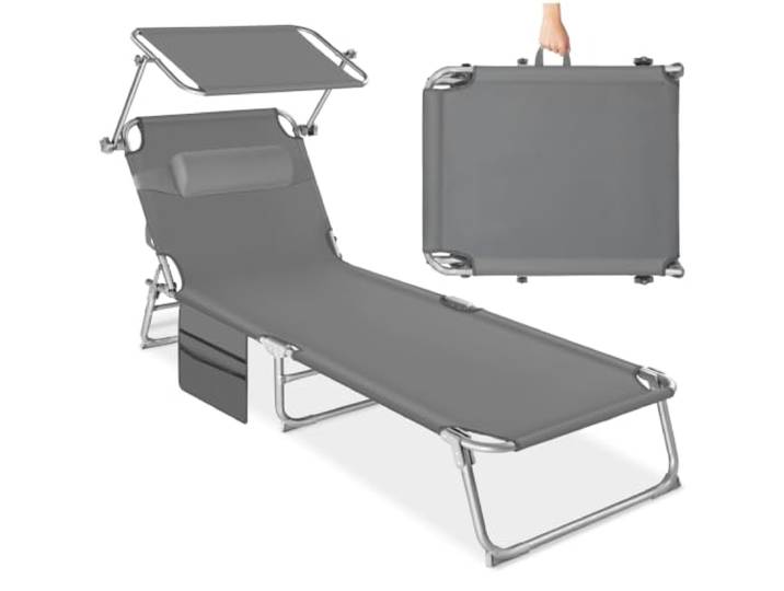 tectake® Sonnenliege klappbar, tragbar, Liege mit Seitentasche, Strandliege, Gartenliege mit Dach, Liegestuhl mit Verstellbarer Rückenlehne, inkl. Kopfkissen - für Balkon, Terrasse, Camping - grau