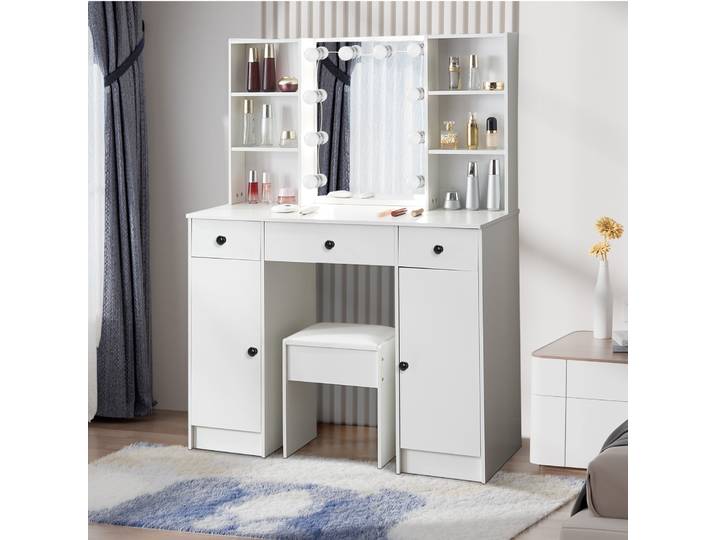 Ensemble de coiffeuse moderne Teousev avec miroir et tabouret, éclairage LED à 3 couleurs réglables, 6 tiroirs de rangement, table de maquillage pour femmes