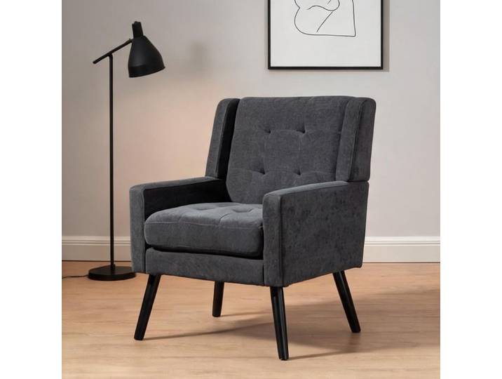 Fauteuil capitonné en lin gris foncé pieds bois massif compact pour petit espace