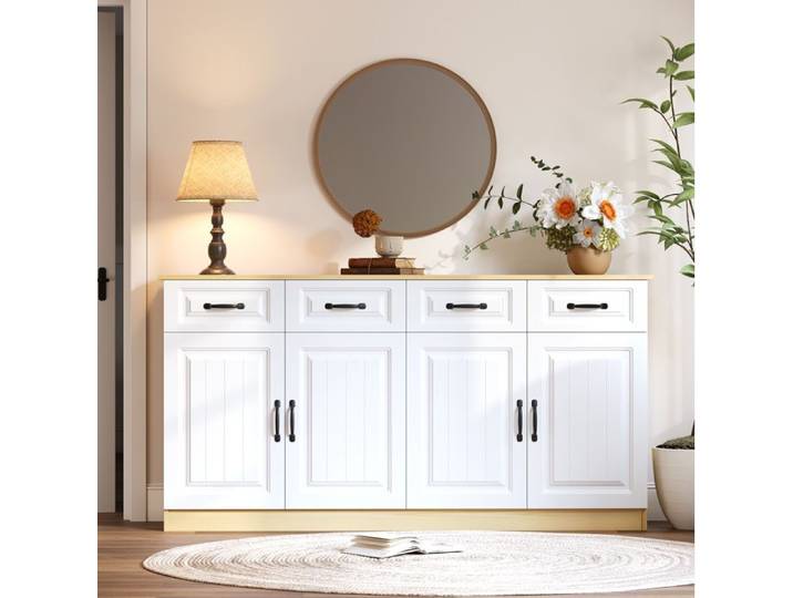 Buffet bas 160 cm AESVAR 4 tiroirs et 4 portes MDF blanc et bois naturel