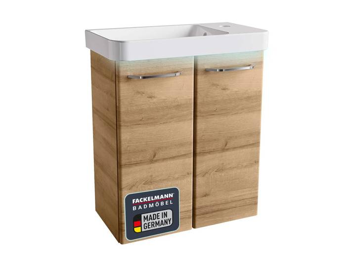 FACKELMANN MILANO Gäste WC Waschtisch Set 55 cm breit, Braun hell, Waschbecken Keramik Weiß + Waschbeckenbeleuchtungun hell, Keramik