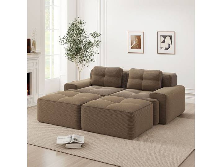 Canapé modulaire marron en velours côtelé assise profonde sans montage