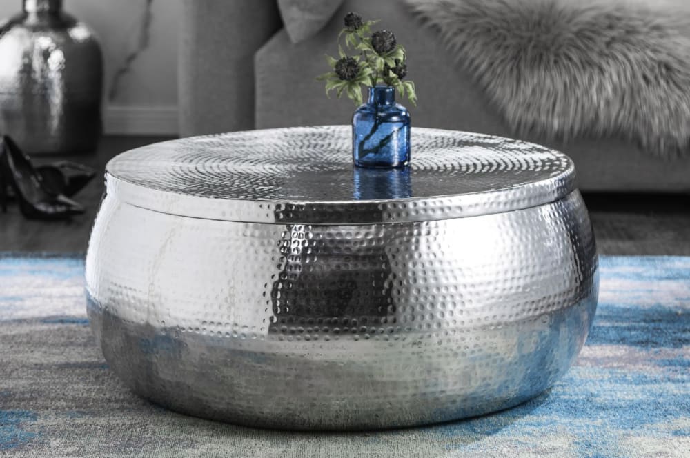 Meublorama Table basse argentée en aluminium martelé avec rangement 70x30x70cm Argenté 70x30x70cm