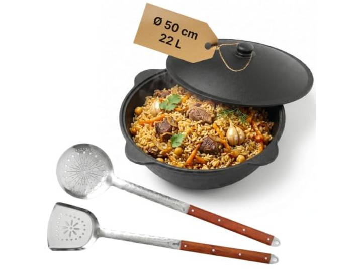 Kazan aus Gusseisen 22 L mit Schaumkelle Pfannenwender Kasan Uzbekisch Cast Iron KESSEL Uzbek Namangan Camping Usbek Schwenktopf Asia WOK Topf mit Aluminium Deckel Grillwok Gusstopf Wokpfanne
