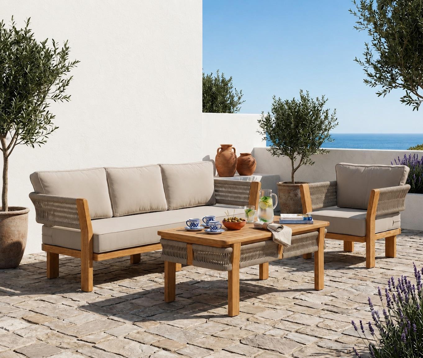 Gartenlounge Set 3Sitzer sofa Sessel Beige Kissen Couchtisch Holz
