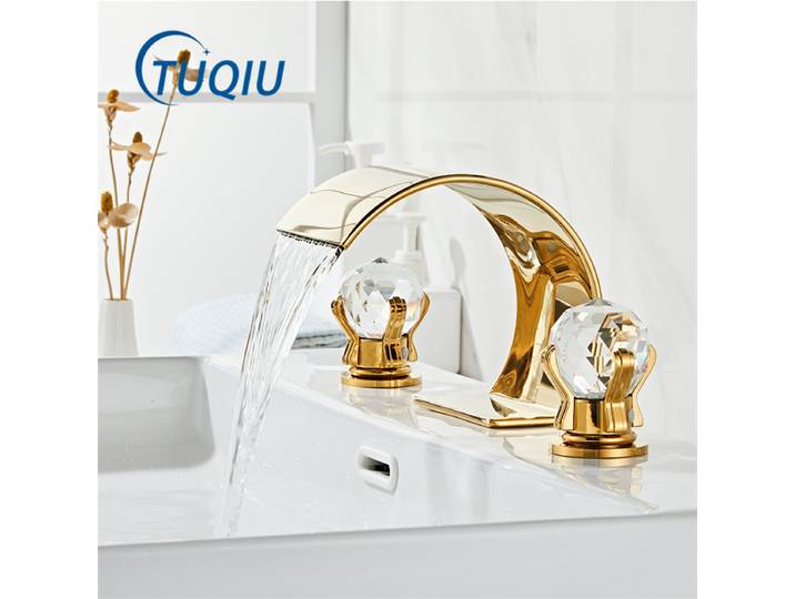 Tuqiu robinet de salle de bains doré, robinet d'évier largement répandu, robinet en laiton, robinet d'évier de salle de bains, poignée en cristal à 3 trous, robinet d'eau chaude et froide