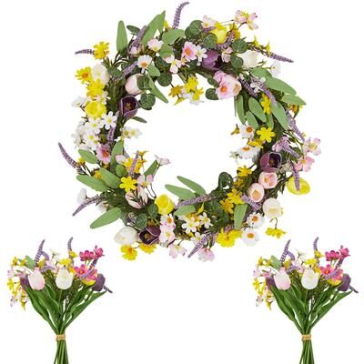 Garvee Spring Wreath for Front Door Spring Tulip Wreath and , Artificial Floral Door Wreath on Real Rattan Base