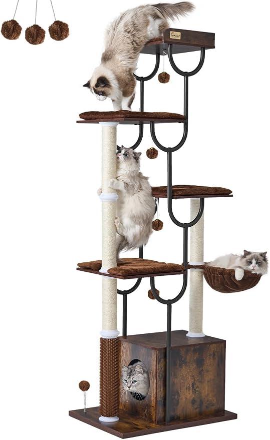 188 cm Kratzbaum für große Katzen, stabiler Katzenbaum aus Holz mit Sisalstämmen, Katzenkratzbaum mit 4 Liegeplätzen, Massage-Bürste & Korb für große Katzen, hoher Kratzbaum (Rustic Brown)