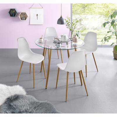 Essgruppe OTTO HOME "Miller", weiß, Tisch rund, Sitzmöbel-Sets, Essgruppe, Glastisch mit 4 Stühlen (Kunststoffschale)