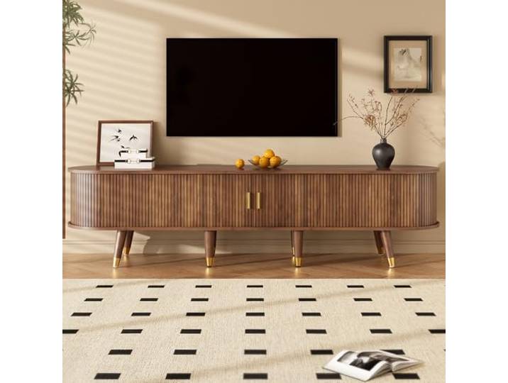VIIOOIIV TV-Schrank mit 2 Schiebetüre, abgerundete Ecken Lowboard 175 cm lang, Fernsehtisch für Wohnzimmer mit Schublade, Regalen und Schrank, Walnuss (175 * 38 * 45 cm)