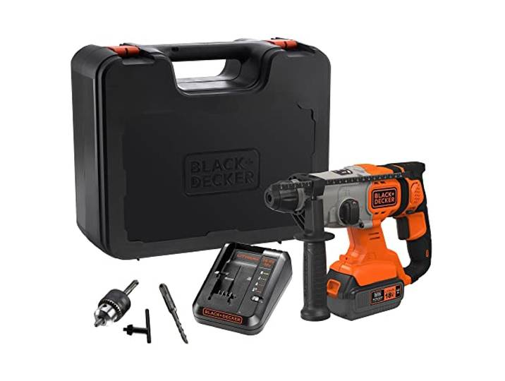 BLACK+DECKER Marteau perforateur sans fil 18V SDS-Plus\, batterie 4.0Ah\, chargeur 2A\, coffret\, poignée réglable\, éclairage LED\, BCD900M1K-QW
