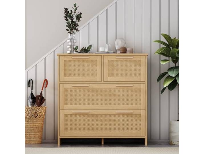 Merax Sideboard Kommode mit 4 Schubladen, Rattanschrank mit Massivholzgriffen, Buffetschrank Standschrank für Wohnzimmer/Schlafzimmer/Esszimmer/Flur, 80x80x38 cm, Natur