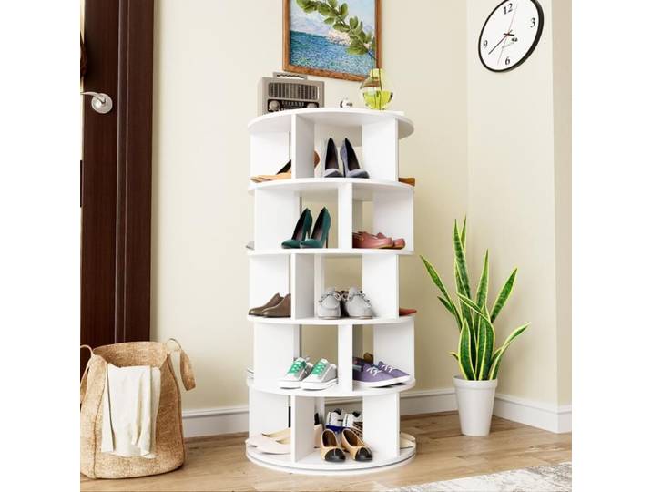 Armoire Chaussures Rotative 5 Étages-Design Rond Blanc 115x60cm-Gain Place-Rangement Optimal-Pratique-Organisation Élégante