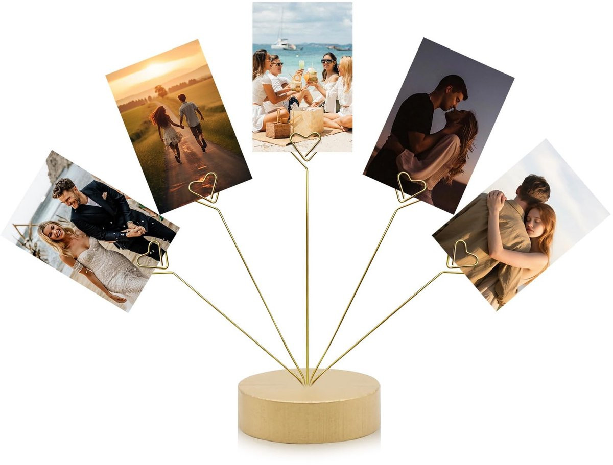 Dailygoods Fotostandaard Hartvormig met Vijf Clips en Ronde Houten Voet