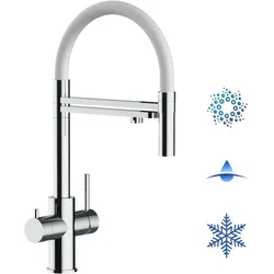 Kurzversion 47 cm - 5 Wege Wasserhahn Küchenarmatur, Edelstahl Massiv mit 360° schwenkbarem Auslauf, abnehmbare 2 strahl Handbrause, Hochglanz / Weiß