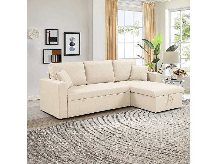 Ecksofa COVENTRY mit Schlaffunktion Grau Flachgewebe Clivia 223 x 85 x 146cm Longchair beidseitig montierbar mit Schlaffunktion Modern