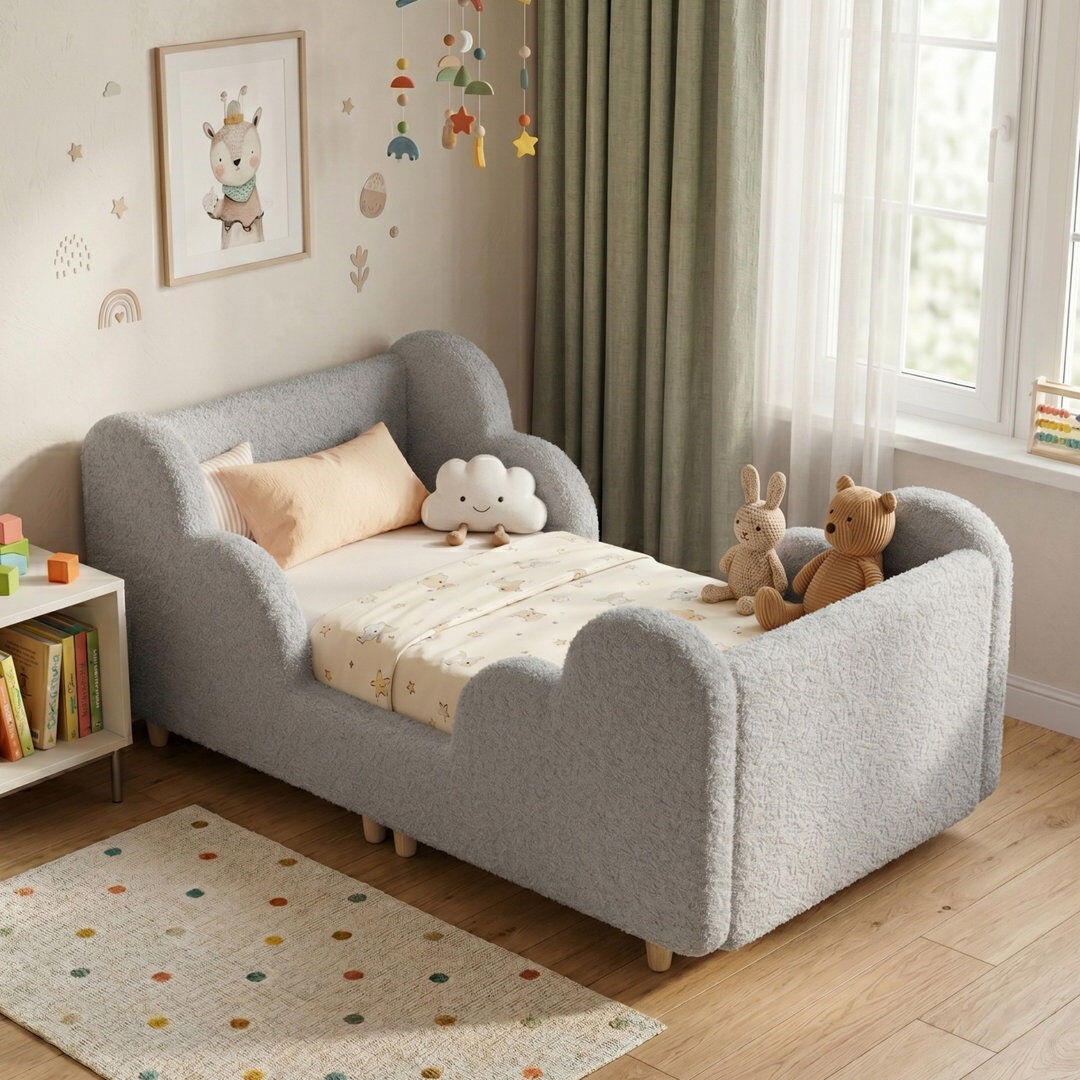 17 Stories Toddler Cloud‑Shaped Upholstered Bed Frame, Child‑Safe Rounded Edges, Easy Assembly, Kids Bedroom Furniture Grey