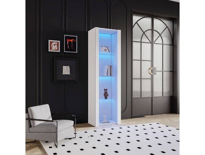 Vitrine sur pied AESVAR blanche brillante 55 x 38 x 166 cm avec LED et 3 étagères en verre