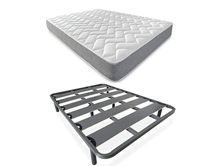 DUÉRMETE ONLINE Komplettes Bett mit Wende-Matratze (Winter/Sommer) + verstärkter Lattenrost, 40 x 30 mm, mit 4 Metallfüßen, Stahllegierung, Grau, 90 x 190 cm