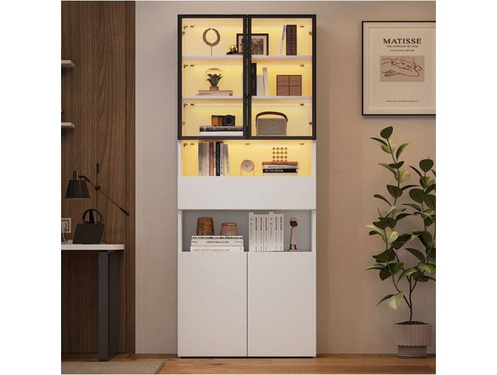 SENVIRO vitrine colonne de rangement avec portes en verre et LED 70x30x200cm blanc