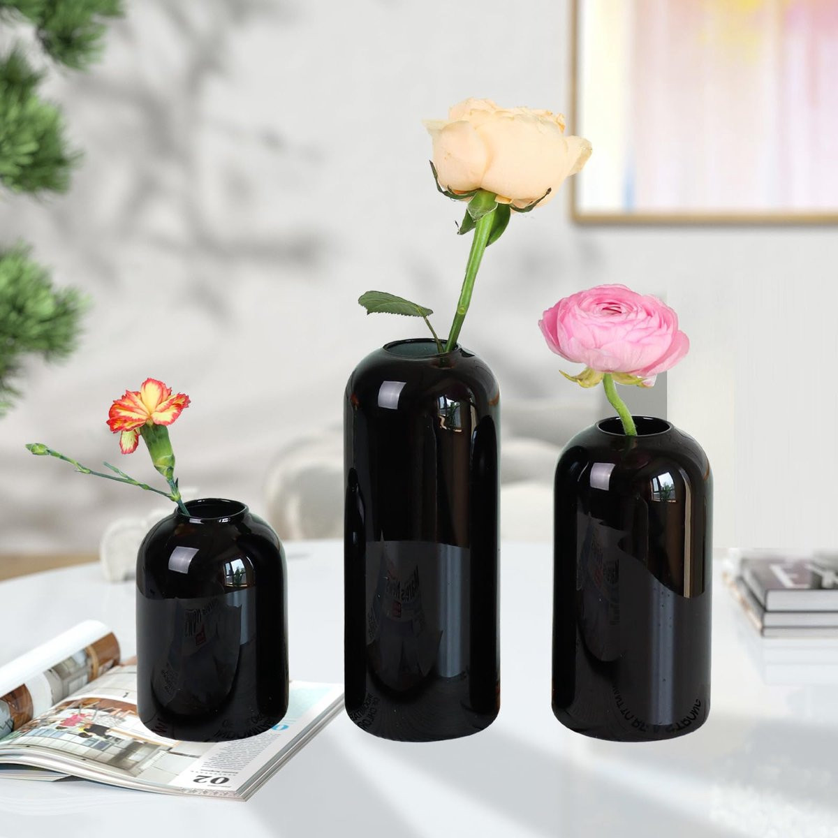 Set van 3 zwarte glazen knopvazen voor decoratie van bloemen