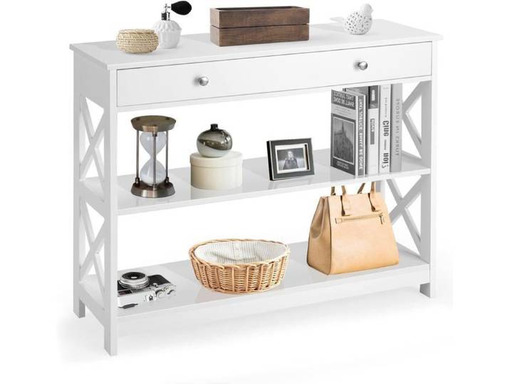Table Console - RELAX4LIFE - Console Meuble d'Entrée - Tiroir Long- 2 Étagères Ouvertes de Rangement - Charge 100KG - Blanc