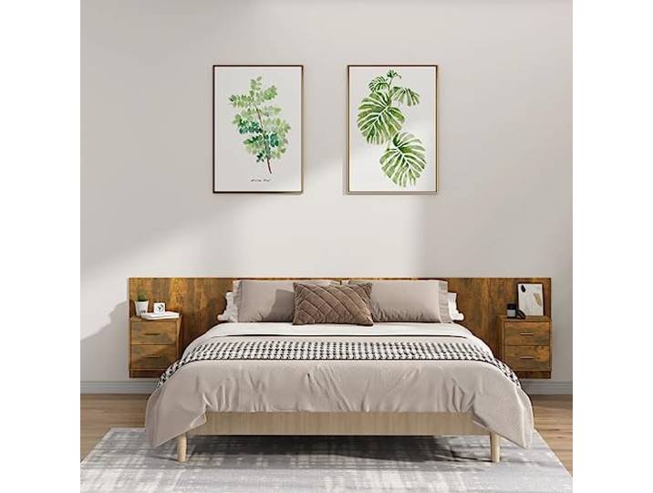RJPLMFV Kopfteil mit Schränken, rauchige Eiche, Holz Wanddesign, geräumige Aufbewahrung, Wandmontage, glatte Oberfläche, feuchtigkeitsbeständig