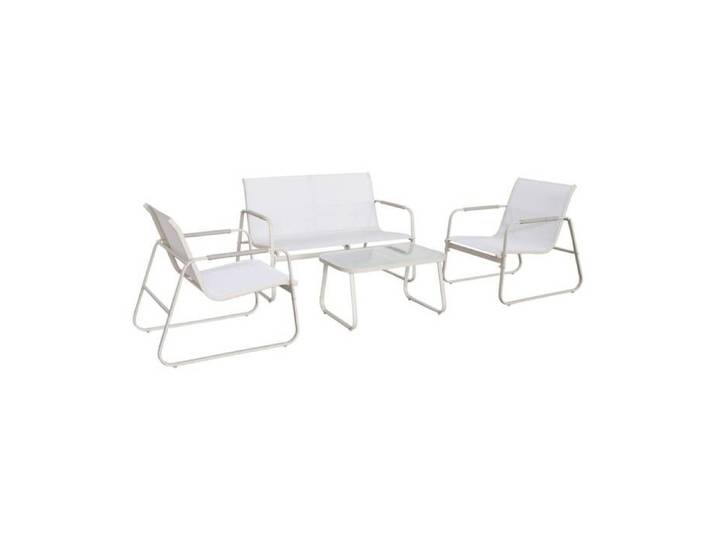 Salon de jardin blanc NOTO acier. 4 places. un canapé. une table. deux fauteuils textilene