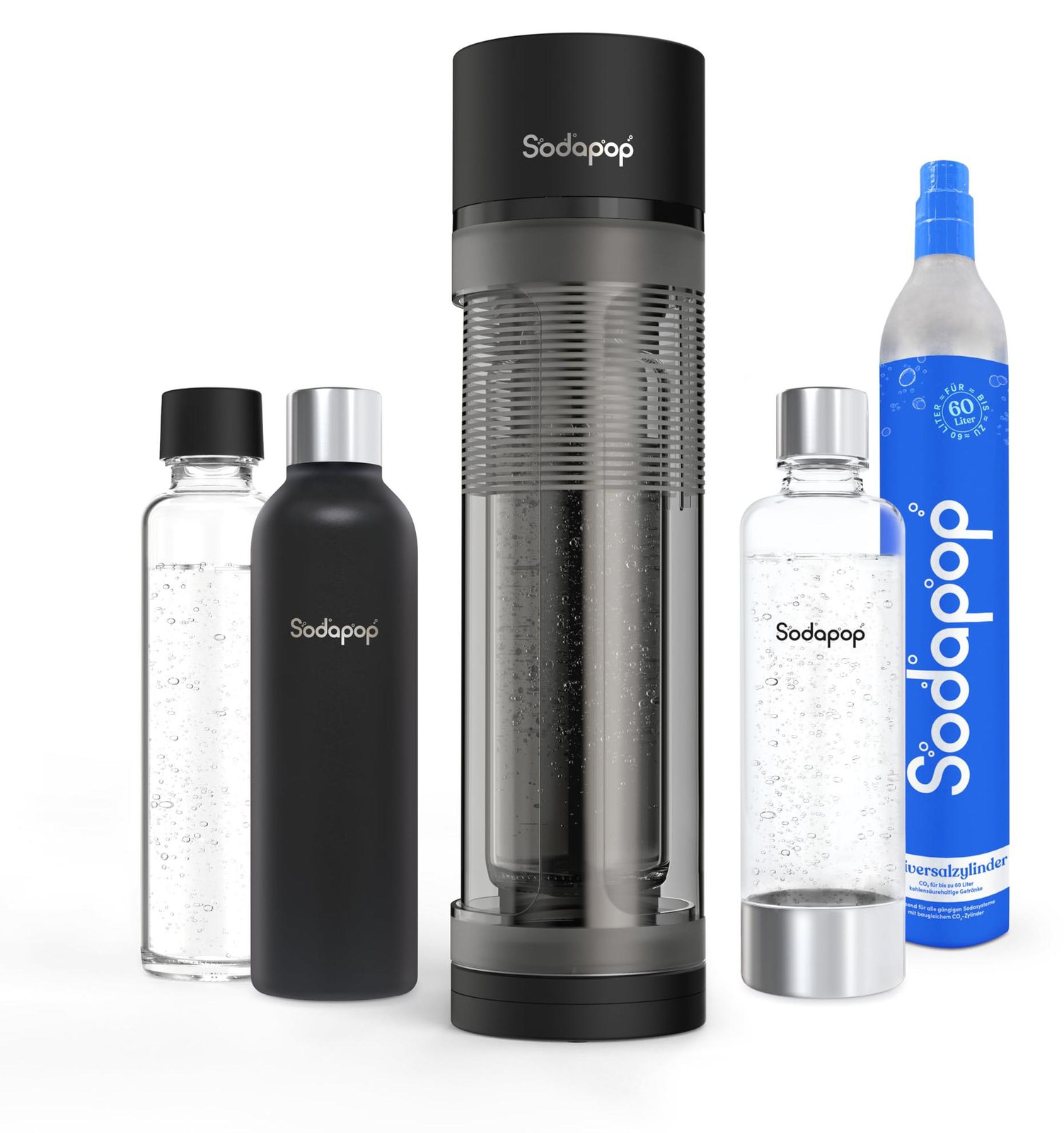 Sodapop Logan Bruiswaterapparaat met keuze uit glazen fles, PET-fles of roestvrijstalen fles en CO2-cilinder