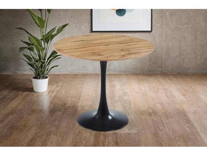SAM Esstisch Stockholm Ø 90 cm rund Wildeiche-Optik gerade Kante Tulpenfuß Metall schwarz, Holz, moderner Säulentisch/Kaffeetisch