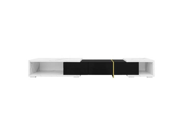Meuble TV extensible et pivotant effet marbre blanc avec finition noire
