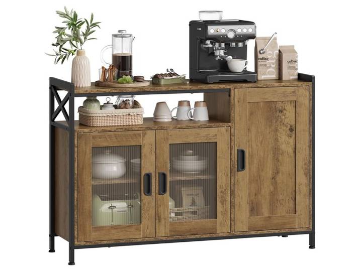 Buffet de Cuisine avec 3 Portes Plan de Travail et Compartiment Ouvert style industriel pour Cuisine Salon Entrée 110x33x75cm Brun