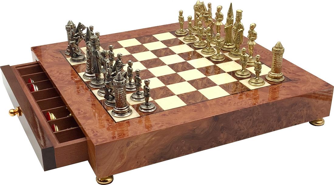 Exklusives Schachspiel Camelot Medio - Holzbrett & Metallfiguren