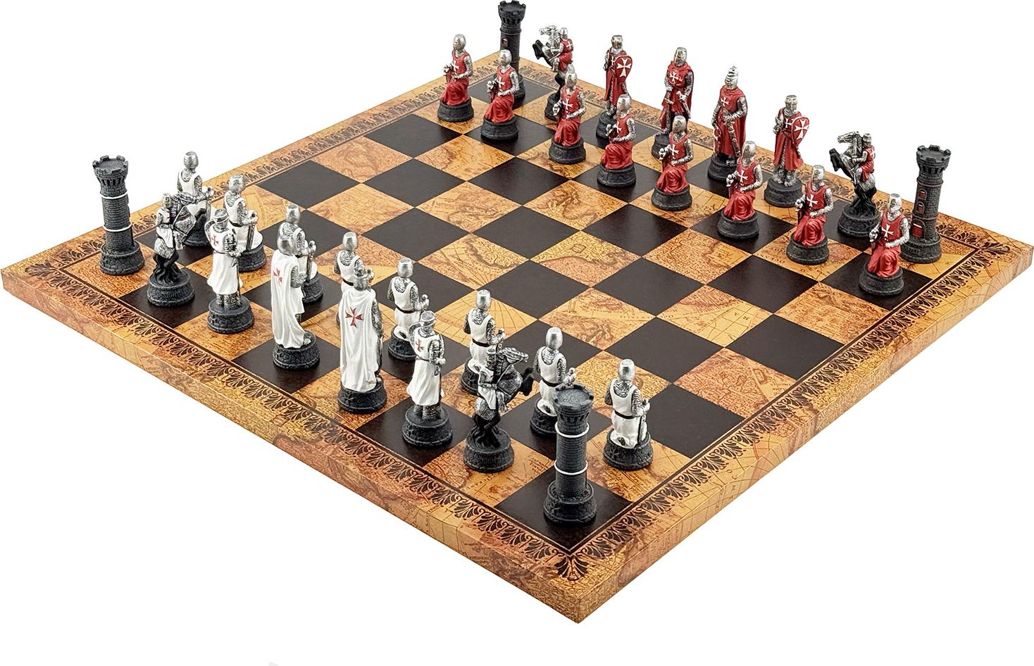 Ritterliche Templer Schachspiel mit antiquierter Karte und 8,5 cm Figuren