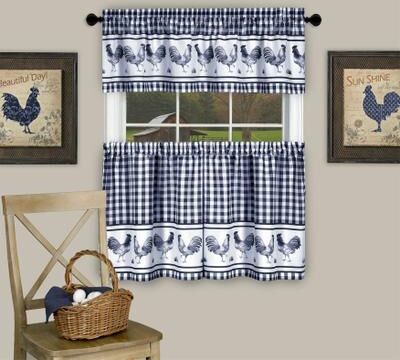 "Wide Width Barnyard Window Curtain Tier Pair and Valance Set by Achim Home Décor in Navy (Size 58"" W 24"" L)"