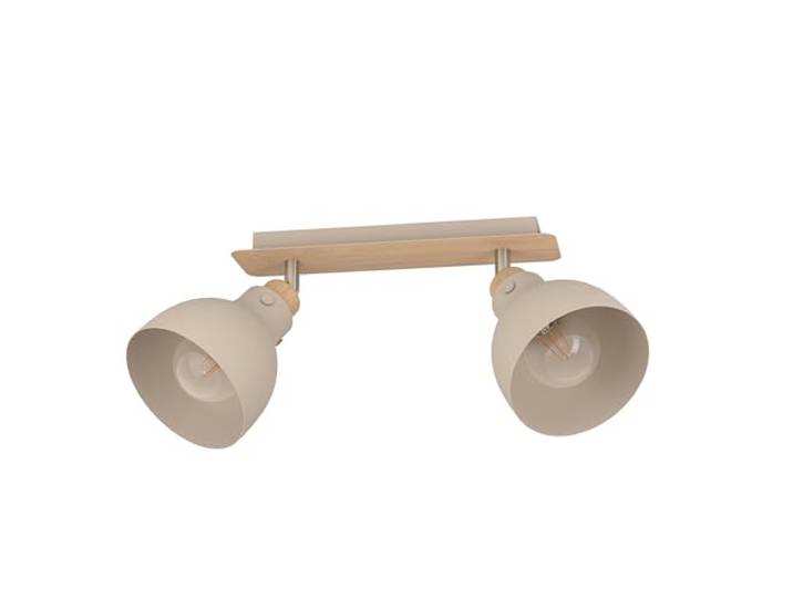 EGLO Deckenstrahler Arrecife, 2-flammige Deckenlampe mit schwenkbaren Spots Deckenleuchte aus Metall in Sandfarben und natürlichem Holz in Eiche, Deckenspot mit E27 Fassung