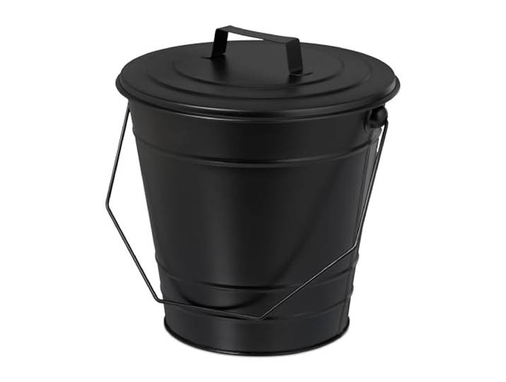 Relaxdays asemmer met deksel, hengsel, 7 liter, ijzer, kolenemmer voor as en kolen, openhaard, metalen emmer, zwart