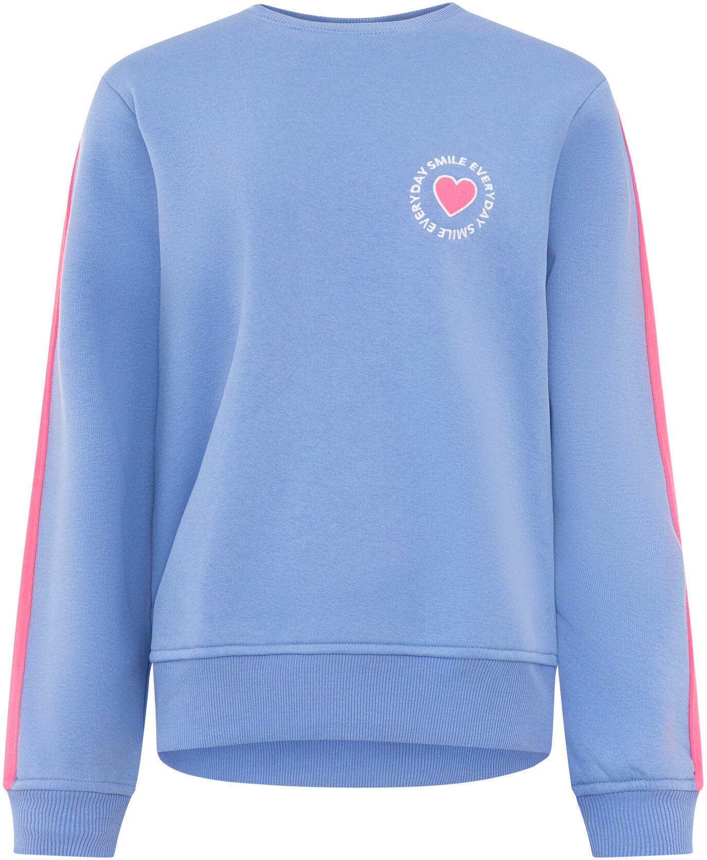 Sweatshirt ZWILLINGSHERZ "Smile Everyday", Damen, Gr. S/M, blau (mittelblau), Sweatware, Obermaterial: 50% Baumwolle, 50% Polyester, Sweatshirts Sweatshirt, pinker Streifen am Arm, Rundhals, gesticktes Herz und Schrift mittelblau S/M