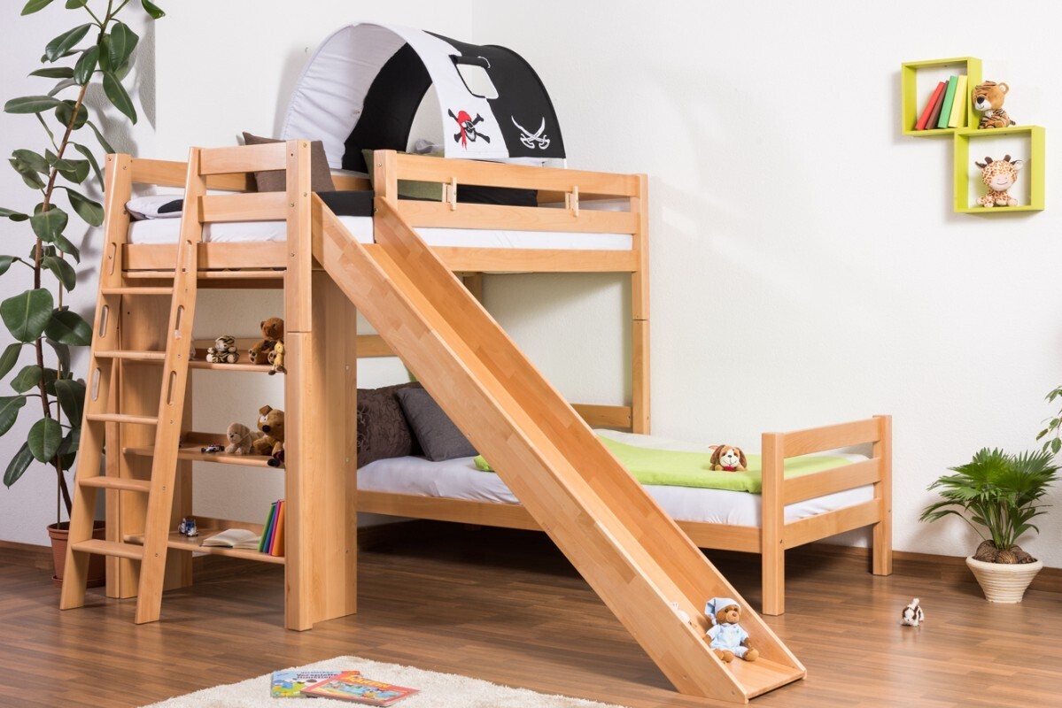 Kinder Etagenbett mit Rutsche, teilbar zu 2 Einzelbetten, Buche Massivholz 90x200 cm