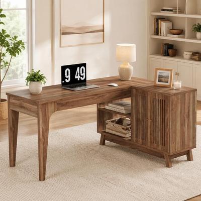 "57"" L-Shaped Corner Desk, Wood Computer Desk Study Writing Table with Cabinet"