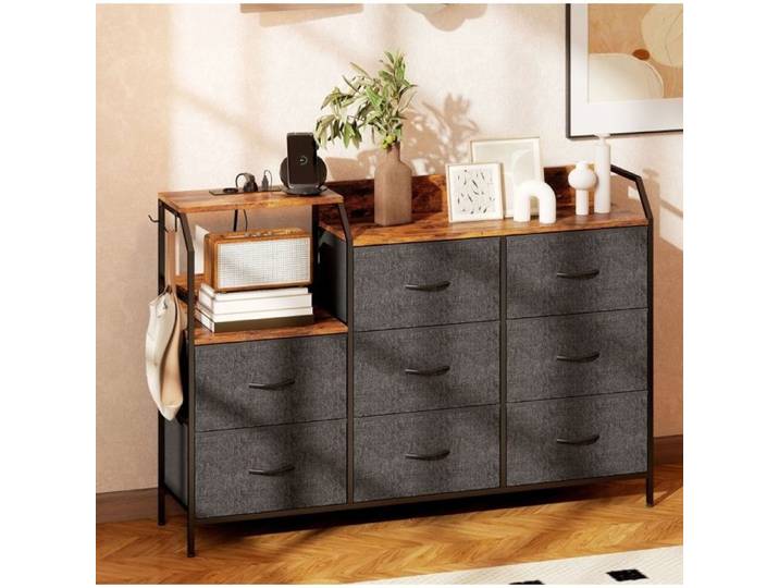 ELVORIN commode 8 tiroirs tissu structure acier station de charge brun rustique